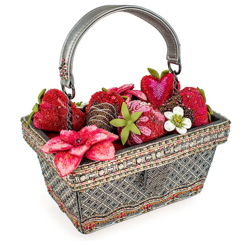 Mary Frances Berry Beautiful Top Handle Red Flowers Beaded Bag Strawberry Basket Handbag Purse NEW