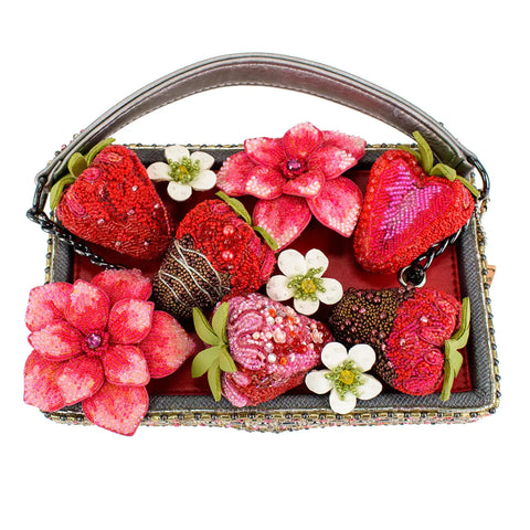 Mary Frances Berry Beautiful Top Handle Red Flowers Beaded Bag Strawberry Basket Handbag Purse NEW