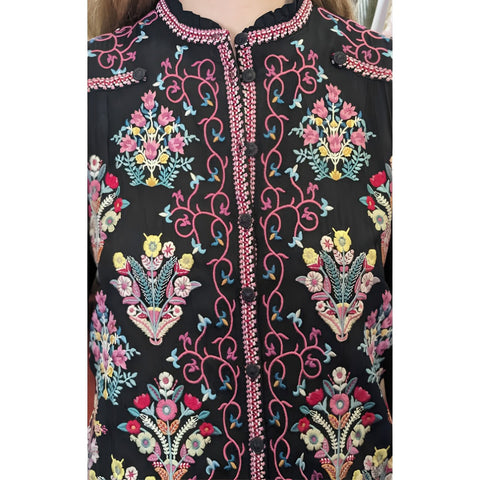 Johnny Was Bertha Blouse Black Top Button Down Shirt Long Sleeve Embroidery NEW