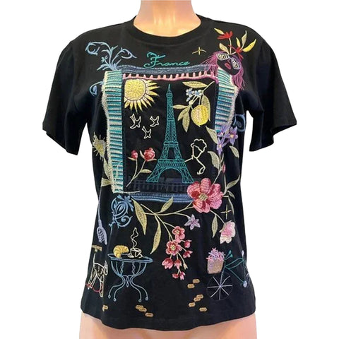 Johnny Was Paris Crew Tee Short Floral Embroidered Cotton Shirt Black Top NEW