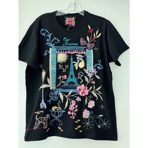 Johnny Was Paris Crew Tee Short Floral Embroidered Cotton Shirt Top White NEW