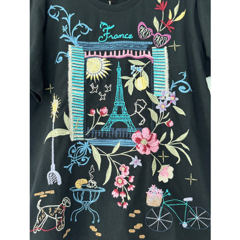Johnny Was Paris Crew Tee Short Floral Embroidered Cotton Shirt Black Top NEW