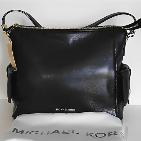 Michael Kors Marly Large Leather Shoulder Handbag Black Bag Hobo Gold Purse New