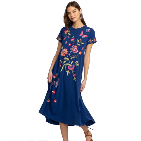 Johnny Was Gracey Crew Neck Swing Long Dress Black Butterfly Embroidered XXL NEW