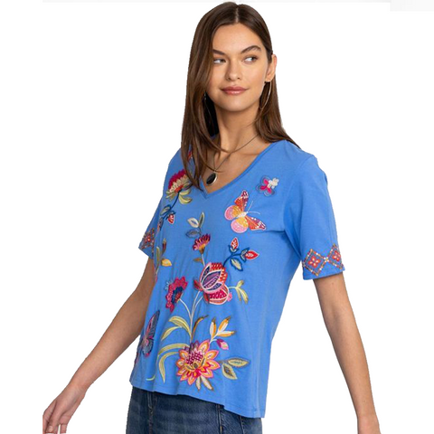 Johnny Was Gracey Trapunto Tee Ultramarine Blue Shirt Floral Embroidery Top NEW