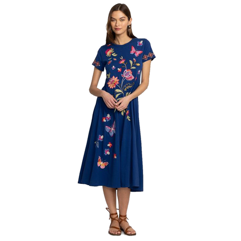 Johnny Was Gracey Crew Neck Swing Long Dress Black Butterfly Embroidered XXL NEW