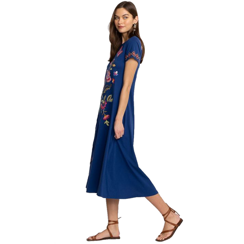 Johnny Was Gracey Trapunto Tee Ultramarine Blue Shirt Floral Embroidery Top NEW