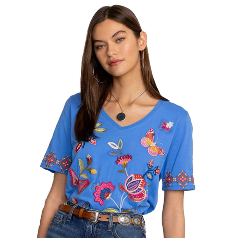 Johnny Was Gracey Trapunto Tee Ultramarine Blue Shirt Floral Embroidery Top NEW