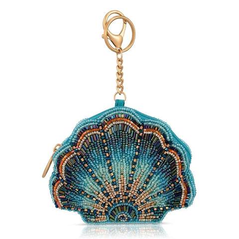 Mary Frances Blue Cove Seashell Oceanic Beaded Coin Purse Zip Key Ring Blue NEW