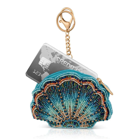 Mary Frances Blue Cove Seashell Oceanic Beaded Coin Purse Zip Key Ring Blue NEW