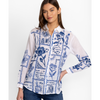 Johnny Was Botanique Double Button Oversized Long Sleeve Shirt White Blue Top New