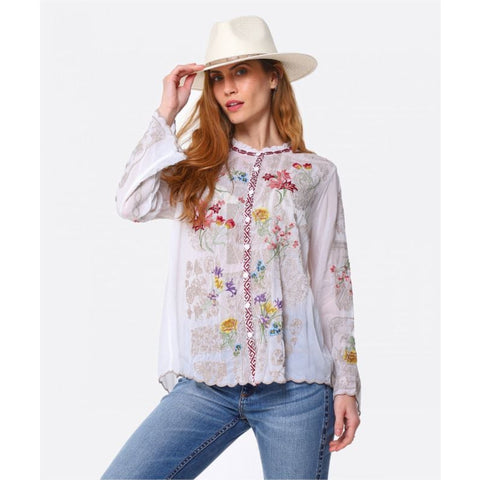 Johnny Was Allbee Blouse Marine Blue Silk Shirt Top Flower Embroidery Floral New