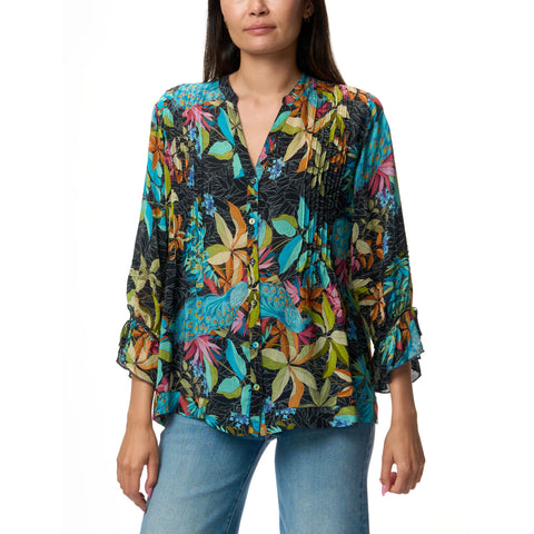 Johnny Was Vacanza Blouse Paon Floral Black Button Flower Blue Shirt Top NEW