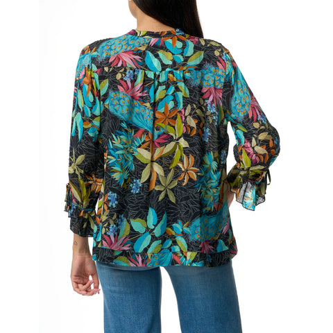 Johnny Was Vacanza Blouse Paon Floral Black Button Flower Blue Shirt Top NEW