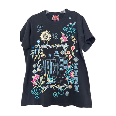 Johnny Was Santorini Crew Short Tee Floral Embroidery Shirt Cotton Black Top NEW