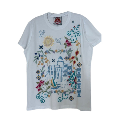Johnny Was Santorini Crew Short Tee White Cotton Shirt Floral Embroidery Top NEW