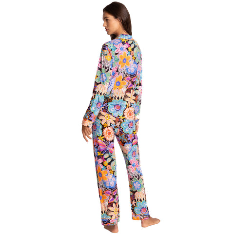 Johnny Was Carly Caetana Pj Set Long Lounge Floral Sleepwear Black Blue 2 pc NEW