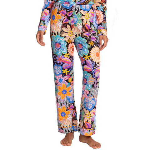 Johnny Was Carly Caetana Pj Set Long Lounge Floral Sleepwear Black Blue 2 pc NEW