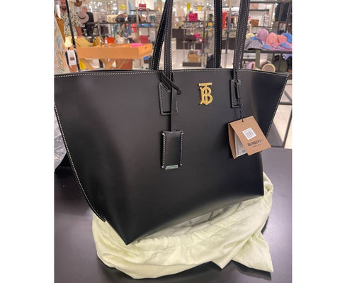 Burberry TB Medium Leather Tote Bag Top Handle Black Handbag New