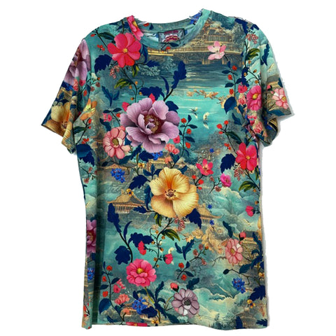 Johnny Was Janie Favorite Chemis Short Crew Tee Pink Floral Shirt Green Top NEW