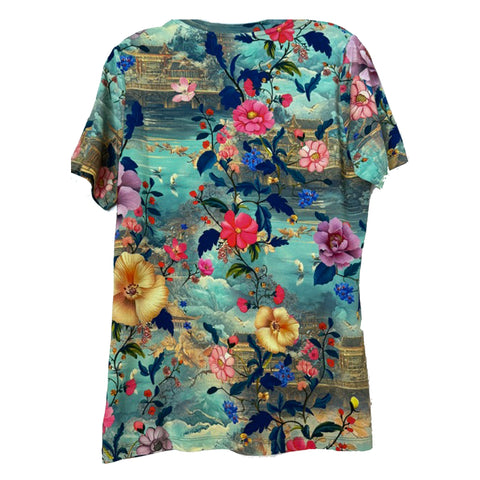 Johnny Was Janie Favorite Chemis Short Crew Tee Pink Floral Shirt Green Top NEW