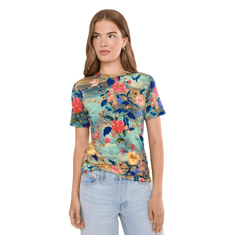 Johnny Was Janie Favorite Chemis Short Crew Tee Pink Floral Shirt Green Top NEW