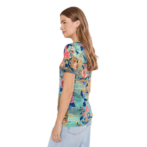 Johnny Was Janie Favorite Chemis Short Crew Tee Pink Floral Shirt Green Top NEW