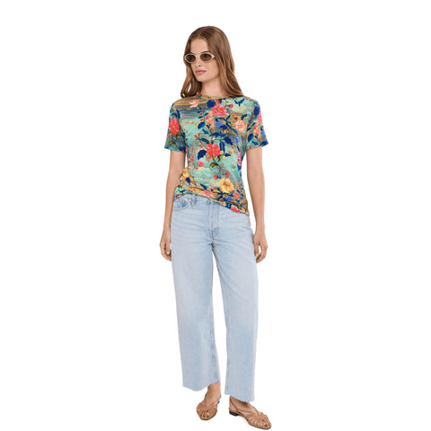 Johnny Was Janie Favorite Chemis Short Crew Tee Pink Floral Shirt Green Top NEW