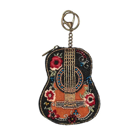 Mary Frances Classical Vibe Bead Guitar Coin Purse Floral Zip Key Ring Black NEW