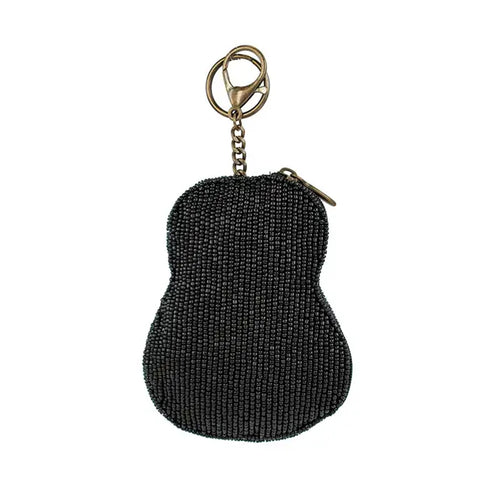 Mary Frances Classical Vibe Bead Guitar Coin Purse Floral Zip Key Ring Black NEW