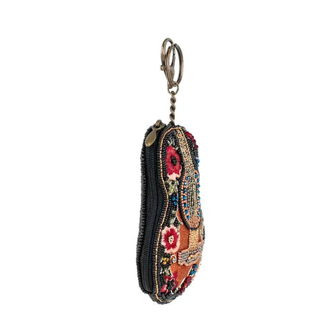 Mary Frances Classical Vibe Bead Guitar Coin Purse Floral Zip Key Ring Black NEW