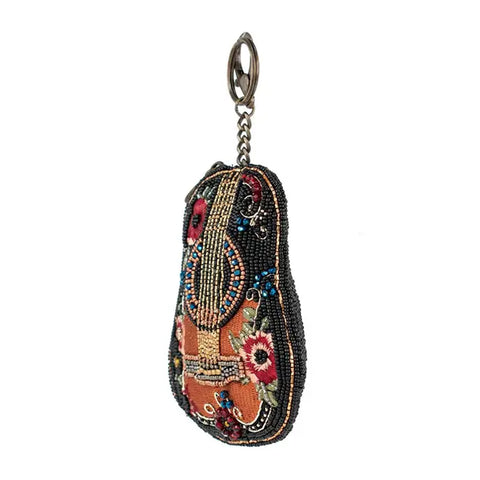 Mary Frances Classical Vibe Bead Guitar Coin Purse Floral Zip Key Ring Black NEW