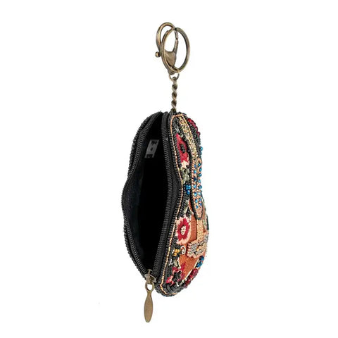 Mary Frances Classical Vibe Bead Guitar Coin Purse Floral Zip Key Ring Black NEW