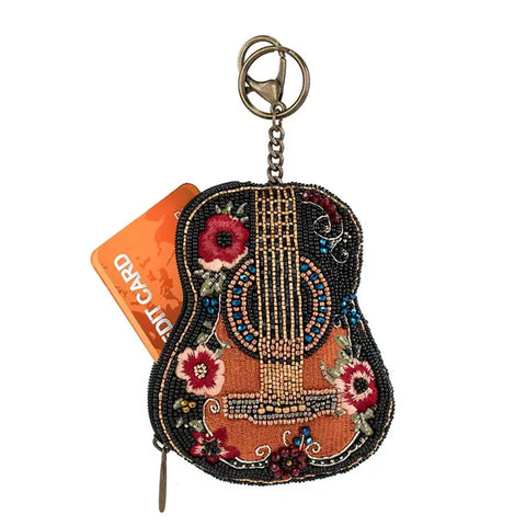 Mary Frances Classical Vibe Bead Guitar Coin Purse Floral Zip Key Ring Black NEW