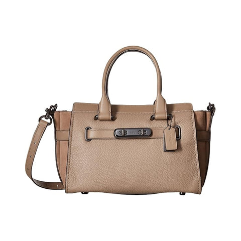 Coach Swagger 27 Dark Stone Leather Suede Handbag Shoulder Bag Beige Purse NEW