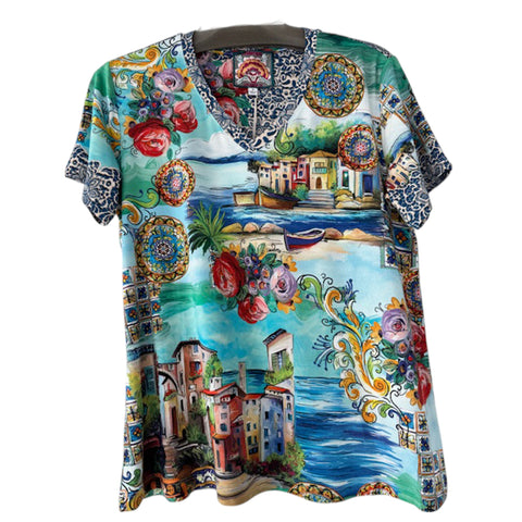 Johnny Was Janie Favorite Christy Short Sleeve V Neck Swing Tee Floral Shirt Green Blue Top NEW