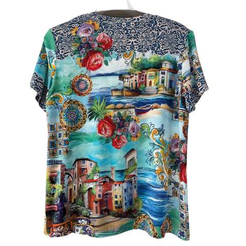Johnny Was Janie Favorite Christy Short Sleeve V Neck Swing Tee Floral Shirt Green Blue Top NEW
