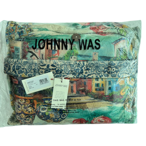 Johnny Was Christy Travel Blanket Cozy Reversible Floral City Lounge Green Blue NEW