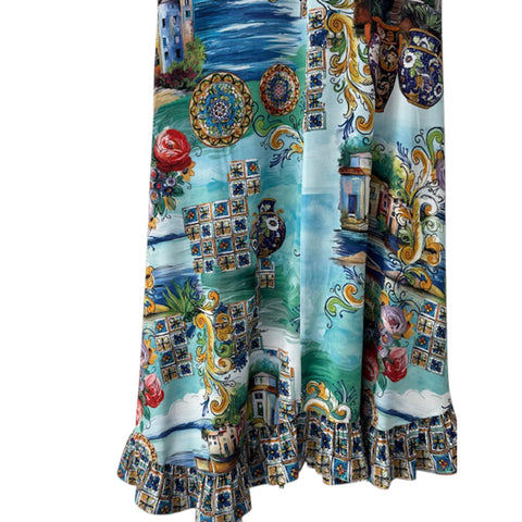 Johnny Was Janie Favorite Christy Asymmetric Hem Short Sleeve Dress Floral Green Blue NEW