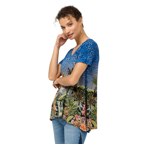 Johnny Was Janie Favorite Meghan Short Drape Tee Floral Shirt Blue Green Top NEW