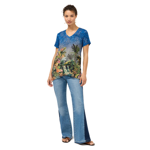 Johnny Was Janie Favorite Meghan Short Drape Tee Floral Shirt Blue Green Top NEW
