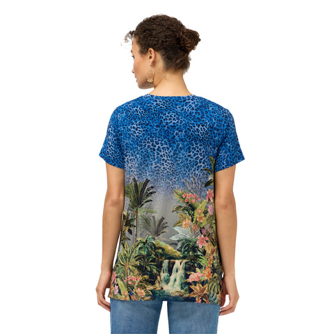 Johnny Was Janie Favorite Meghan Short Drape Tee Floral Shirt Blue Green Top NEW
