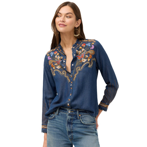 Johnny Was Durago Ruffle Neck Denim Navy Blue Shirt Floral Embroidered Top NEW