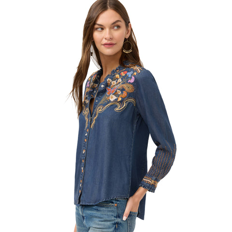 Johnny Was Durago Ruffle Neck Denim Navy Blue Shirt Floral Embroidered Top NEW