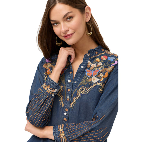 Johnny Was Durago Ruffle Neck Denim Navy Blue Shirt Floral Embroidered Top NEW