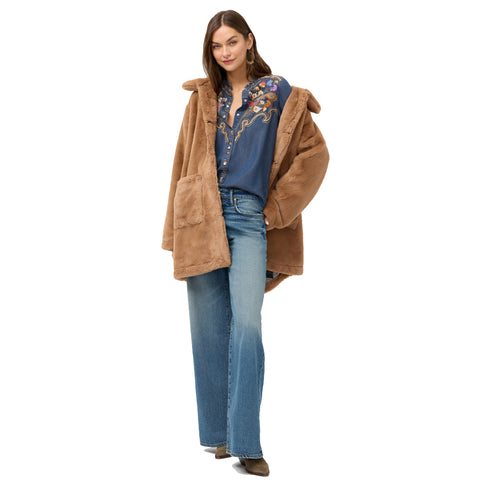 Johnny Was Durago Ruffle Neck Denim Navy Blue Shirt Floral Embroidered Top NEW