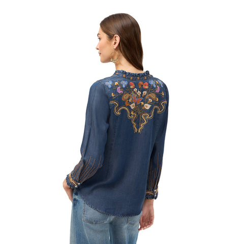 Johnny Was Durago Ruffle Neck Denim Navy Blue Shirt Floral Embroidered Top NEW
