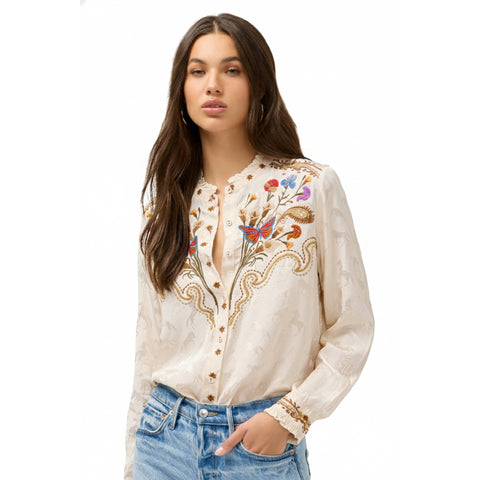 Johnny Was Durago Ruffle Neck Denim Navy Blue Shirt Floral Embroidered Top NEW