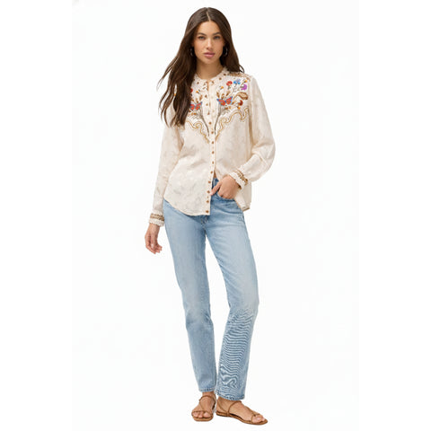 Johnny Was Durago Ruffle Neck Shirt Horse Floral Embroidery Ecru Western Top Large NEW