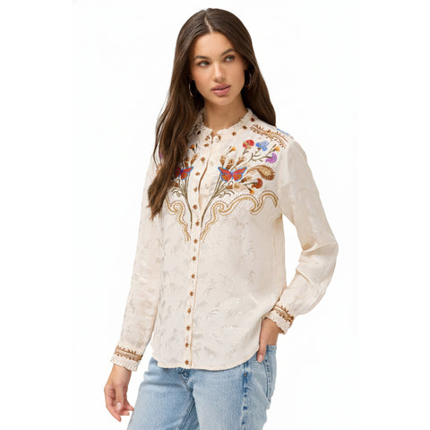 Johnny Was Durago Ruffle Neck Shirt Horse Floral Embroidery Ecru Western Top Large NEW